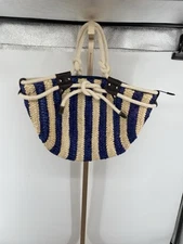 Sun N Sand Beach Tote Natural Navy Blue Stripe Woven Rope Handles Lined Zipper