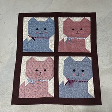 Kitty Cat Quilt Wall Hanging Handstitched Artwork SZ 20x25 Baby Blue Pink
