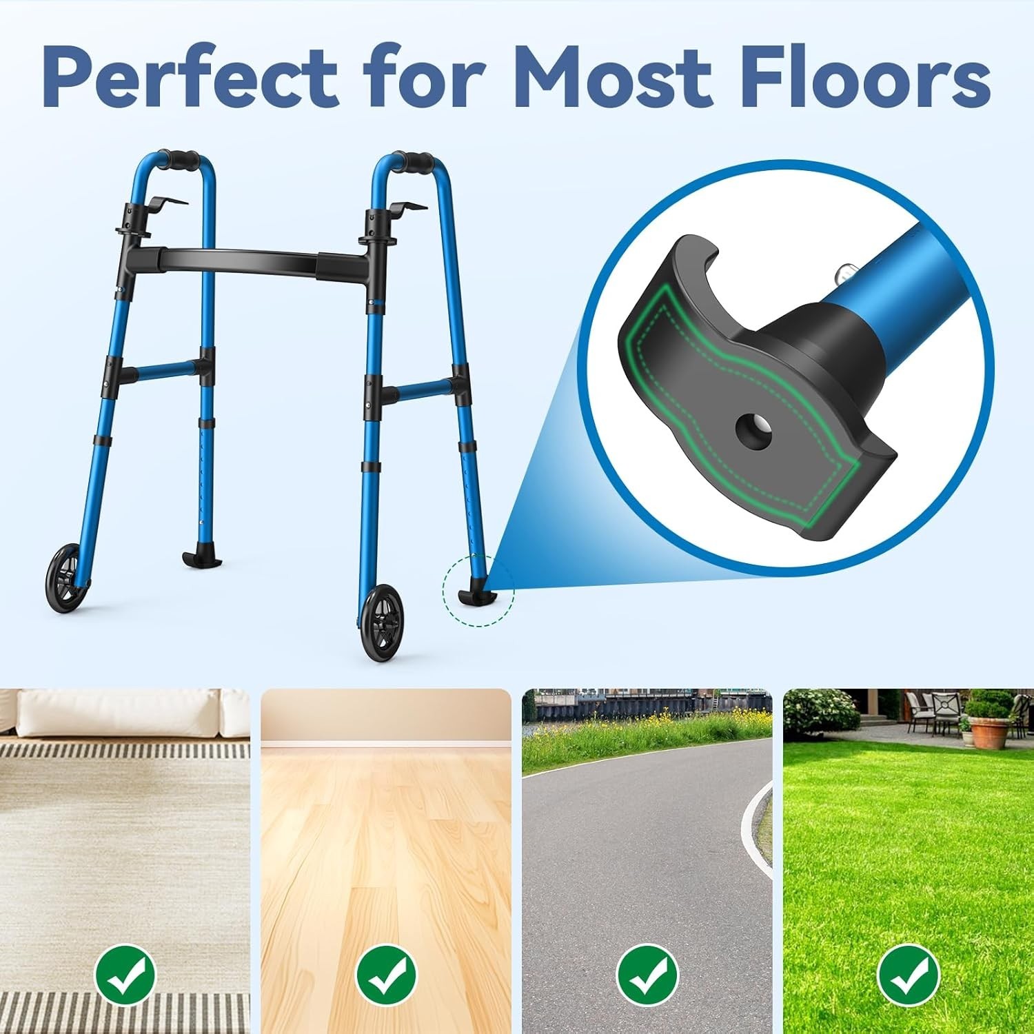 Folding Walker with 2 Skis and 5" Wheels Lightweight Walker Up to 350 Lbs BLUE