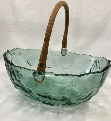 Vtg Glass Oval Basket Fruit Design Light Green Bowl Bamboo Wicker Handle Shabby