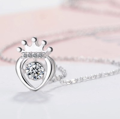 Dancing Silver Halo Heart Crown Cubic Zirconia Pendant Necklace 18'' Gift Box A8
