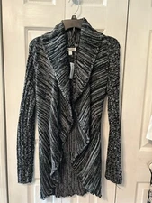 DRESSBARN Women's Long Sleeve Black Gray Open Front Cascading Cardigan Sweater M