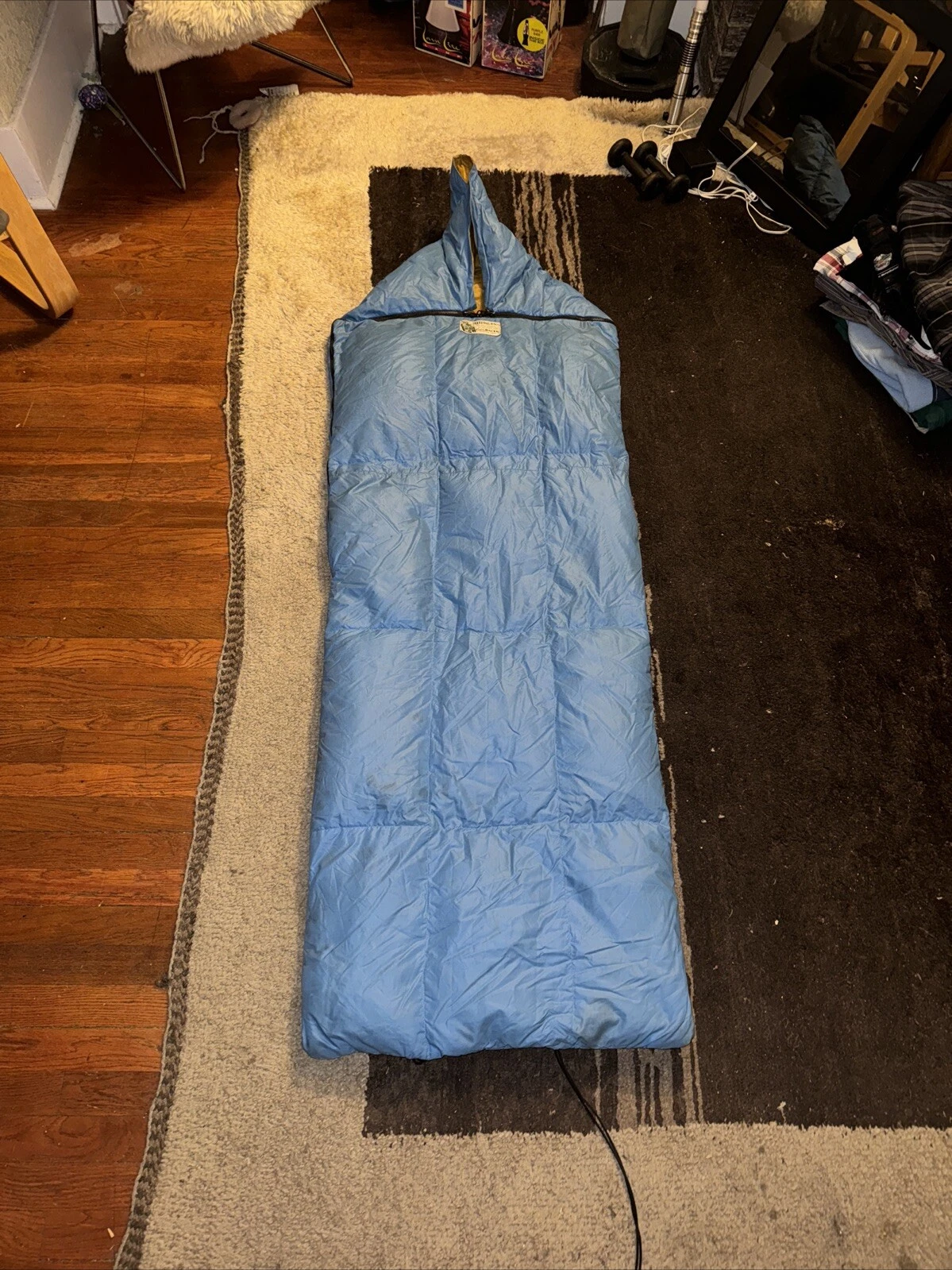 Vintage Eddie Bauer 70s Goose Down Blue Gold Sleeping Bag Rain Hood 55” x 23”