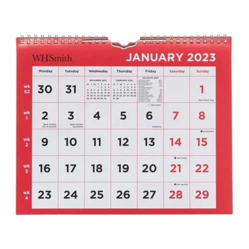 WHSmith 2023 Wall Calendar Month to View Wall Commercial Calendar Red