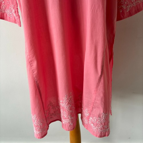 East Pink White Floral Embroidered Cotton Kaftan Dress Sequins Side Slits Size L - Picture 5 of 12