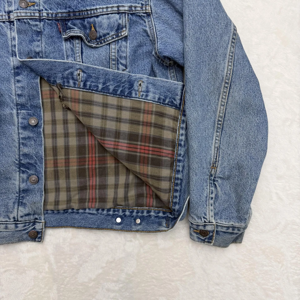 Vintage Levis Jacket Mens Large Blue Denim Plaid Lined Flannel Trucker Coat 90s - Image 4 of 4