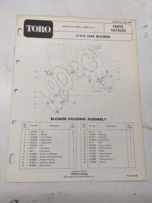 #ad TORO PARTS CATALOG LIST BOOK MANUAL 5HP LEAF BLOWER 62905 3310 429 1972 $10.49