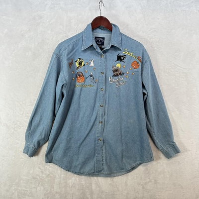 #ad #ad Vintage Solutions Shirt Women M Blue Halloween Haunted House Denim Button Up 90s $27.99
