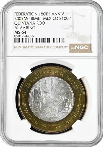 Mexico 100 pesos 2007, NGC MS64, "Federation 180th Anniv. - Quintana Roo"