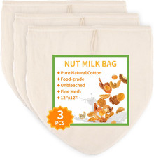 3 Pcs 12"X12" Nut Milk Bag, Natural Unbleached Cotton Cheese Cloth Bag for Strai