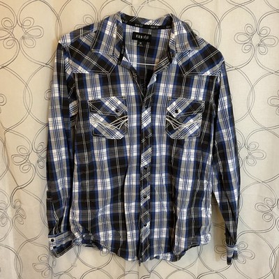 ELY 1878 Shirt, Men's Size medium, White Black Blue, Plaid, snap long sleeve