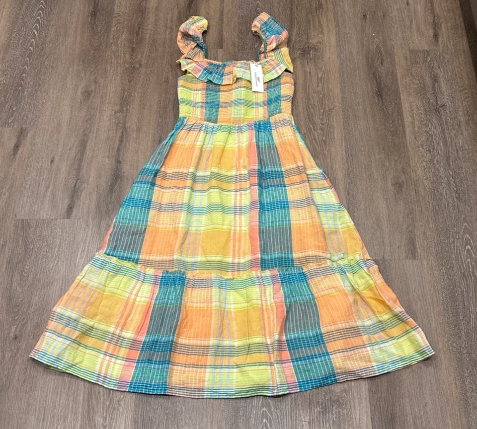 Vestido Vineyard Vines XS Linho Xadrez Midi Bolsos Batidos Costeiro Preppy NOVO - Imagem 2 de 4