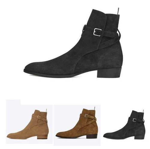 British Men Casual Pointy Toe Buckle Real Leather Suede Ankle Chelsea Boot Shoes - Picture 8 of 17