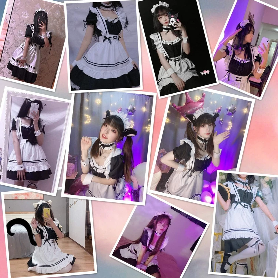 Avental de empregada doméstica francesa anime vestido fantasia Lolita fantasia cosplay luvas de orelha de gato peludo - Imagem 3 de 4