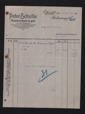 ELBERFELD, Rechnung 1913, Peter Schulte Manufakturwaren