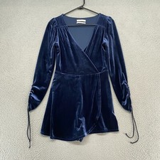 Urban Outfitters Romper Dress Womens Small Velvet Long Sleeve Wrap Blue V-Neck
