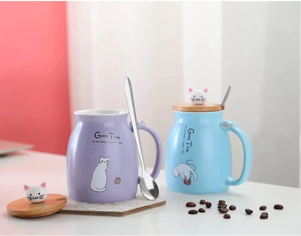 Taza para gatos con cuchara y tapa Taza para gatitos Taza de leche Café Gato Taza de té Regalo de cumpleaños Foto 3 de 4