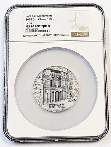 Petra Rock-cut Monuments 5 oz Antique finish Silver Coin Ghana 2024/ MS 70 NGC