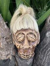 Shrunken Head Voodoo Wooden Wall Plaque Tropical Tiki Decor 12"x 6.5"