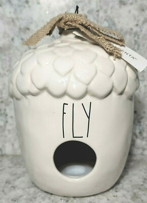 Rae Dunn ''FLY'' Ceramic Acorn Bird House - 2020 NEW Burlap Ribbon Eggshell Cream