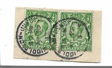 MIDDLETON JUNCTION CANCEL ON 2x ½d KGV GREEN SINGLE CIRLE 24mm PIECE REF 1314