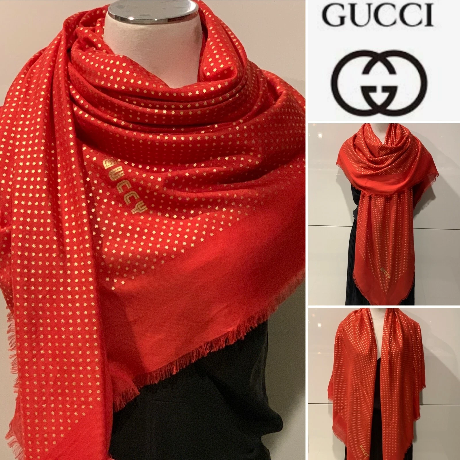 Châle/enveloppe GUCCI modal & cachemire rouge avec étoiles dorées « GUCCY » 140 x 140 cm frangé