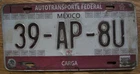 SINGLE MEXICO INTERSTATE CARGA LICENSE PLATE - 39-AP-8U