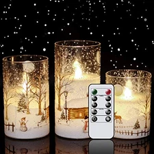  Snowman Glass Flameless Candles with Remote Timer Battery 2- Snowman Decal