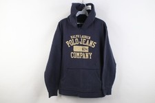 Vintage 90s Ralph Lauren Mens Large Faded Spell Out Hoodie Sweatshirt Navy Blue