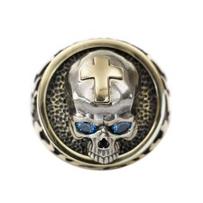 LINSION Blue CZ Eyes Cupronickel Skull Brass Fire Cross Ring BR454 UK Size X½