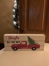 Quill to Paper by Sixtrees Red Christmas Truck & Tree Wood Block Decor Sign 