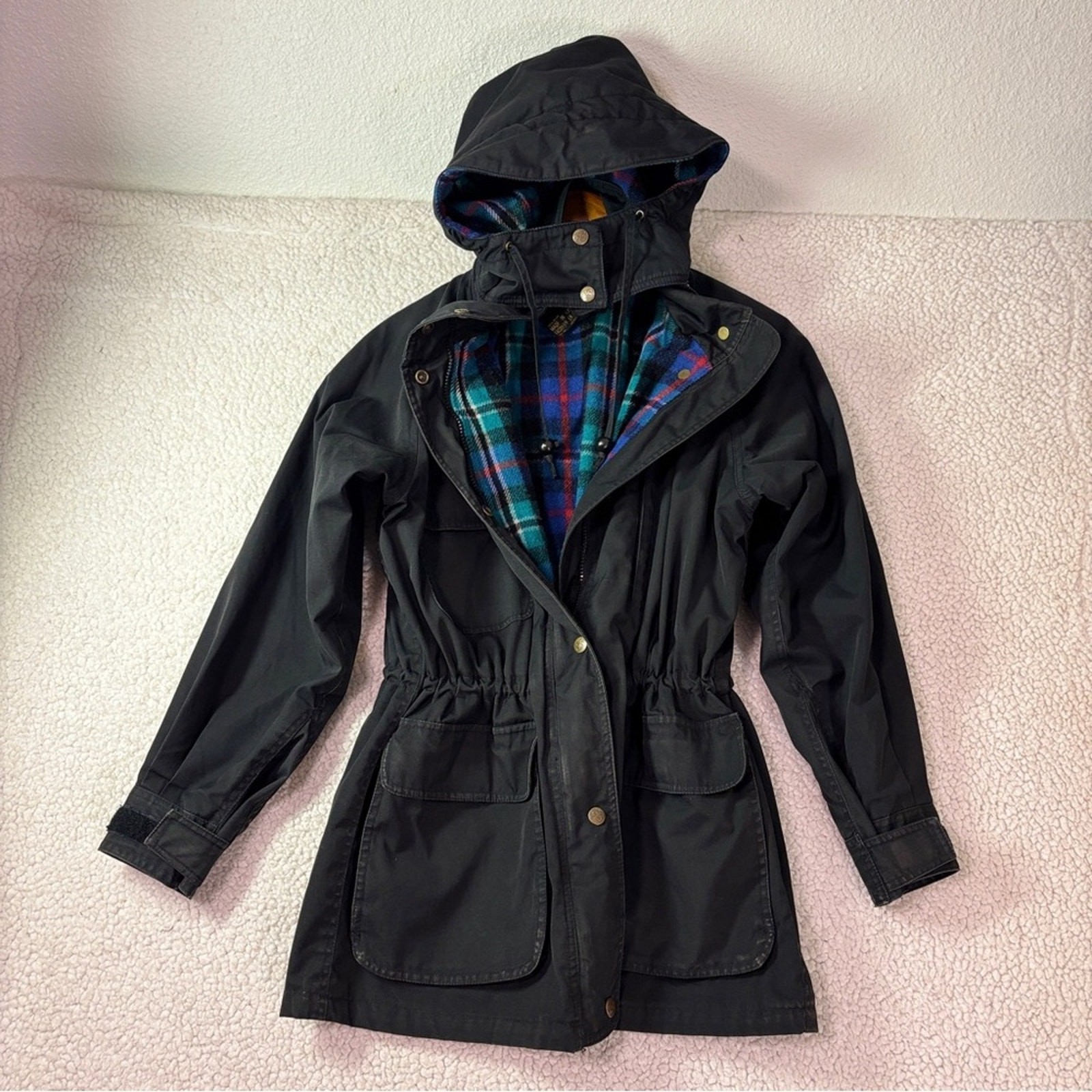 Eddie Bauer Wool Lined Field Jacket Women’s Small Black Hooded Parka Coat Plaid
