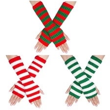 3Pairs Christmas Striped Arm Warmers Long Fingerless Gloves Knitted Striped 