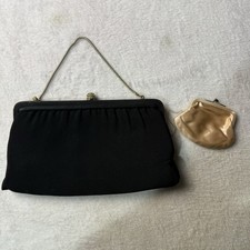 Vtg USA Black Evening Bag Purse Clutch Attached Change Purse Gold Chain Strap