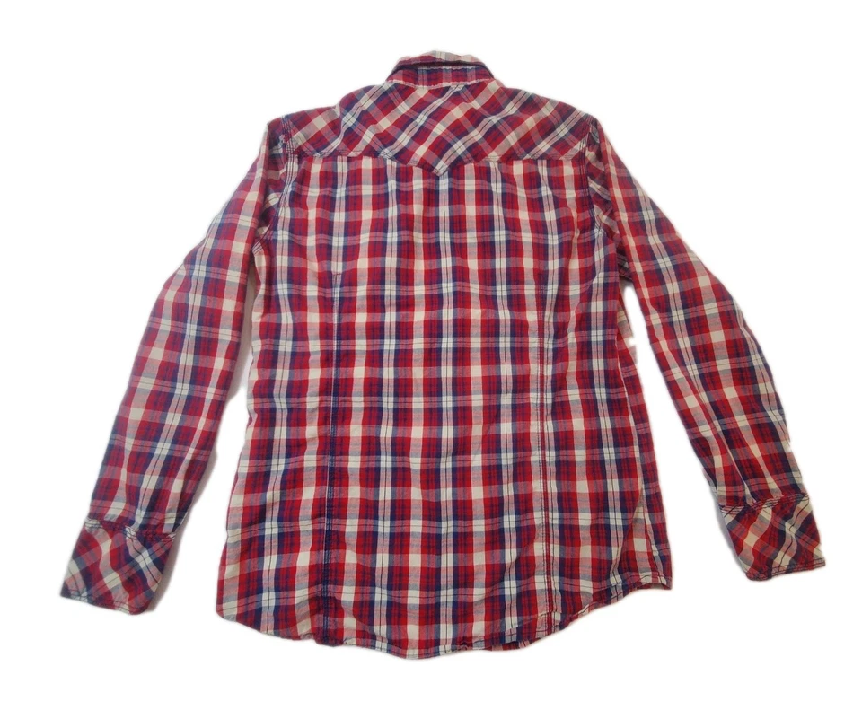 Camisa True Religion Para Hombres Grande Roja Azul Algodón A Cuadros Perla Occidental Logotipo a Presión Top Foto 2 de 4