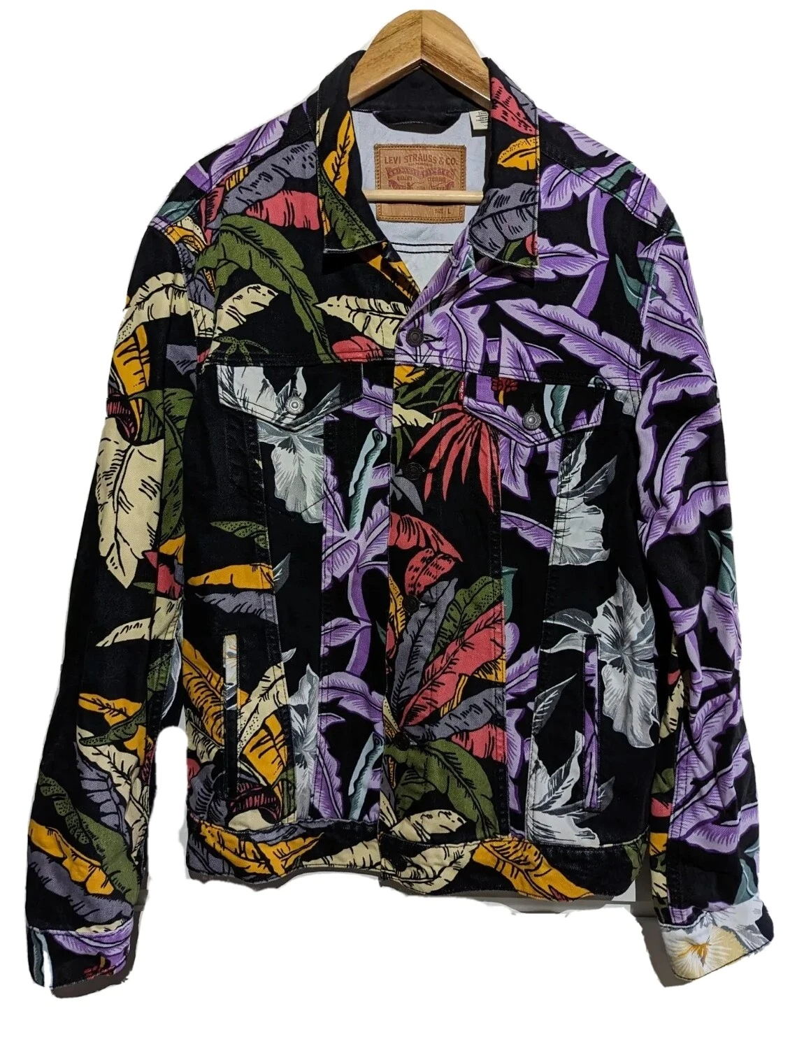 LEVI STRAUSS & Co Hawaiian Tropical Island Party Denim Trucker Jacket Sz L