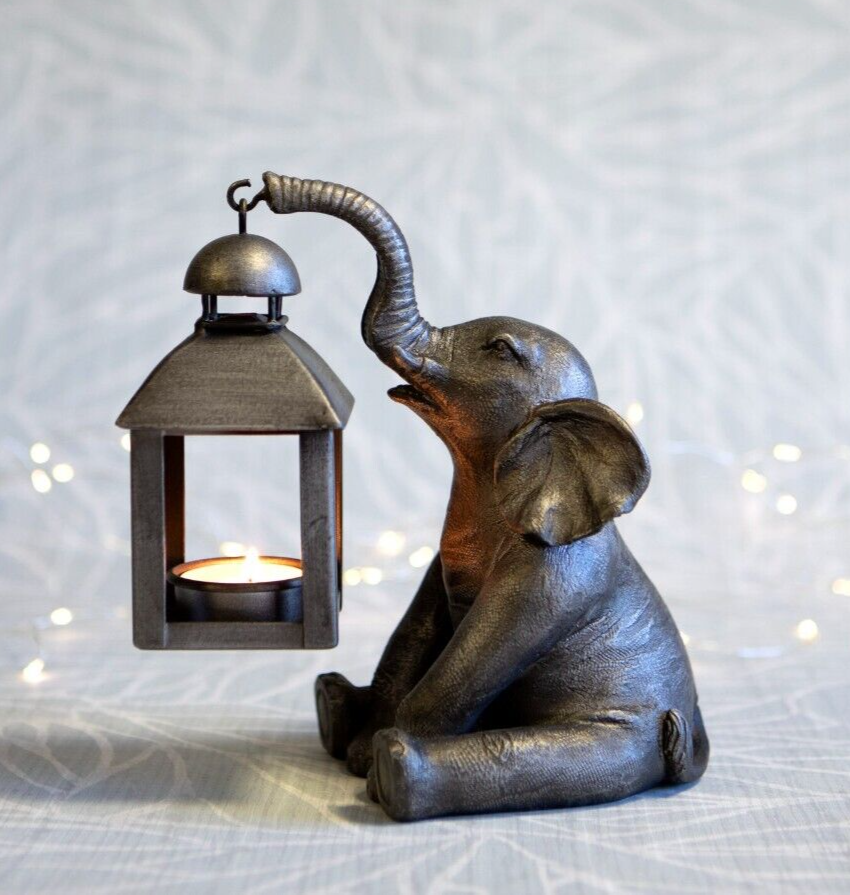 B&Q -  Elephant With Lantern Tealight Holder Resin Statue Ornament Metal Home Decor - Image 2