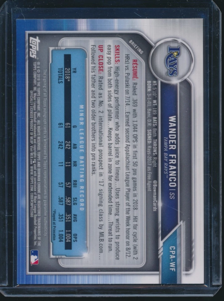 WANDER FRANCO AUTO 1er 2019 Bowman cromo autógrafo Tampa Bay Rays novato radiocontrol Foto 2 de 4