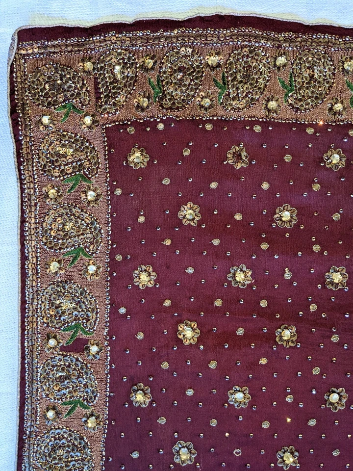 Chal de danza del vientre vintage bordado 100 % seda sari boho envolvente lentejuelas rojas óxido Foto 3 de 4