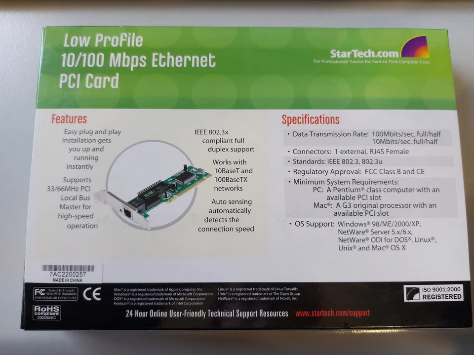 StarTech 1 Port LP PCI 10/100Mbps Ethernet Network Adapter Card ( ST100SLP ) NEW - Image 2 of 2