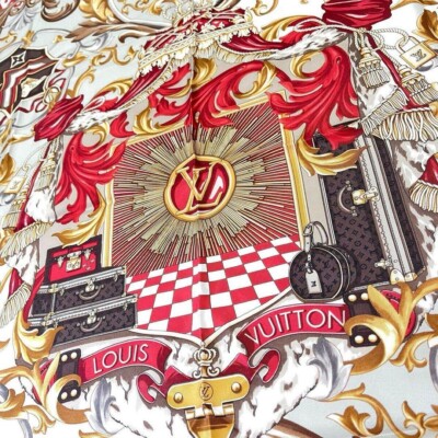 LOUIS VUITTON Silk Scarf Bandana Red Gold 100% Silk 90cm x 90cm