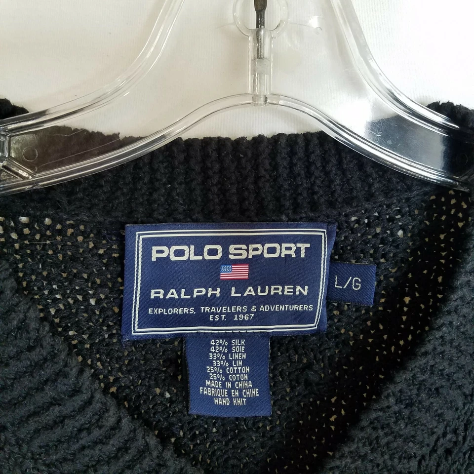 VTG Polo Sport Ralph Lauren Mens Black Silk Linen Knit V-Neck Sweater Sz Large - Image 3 of 4