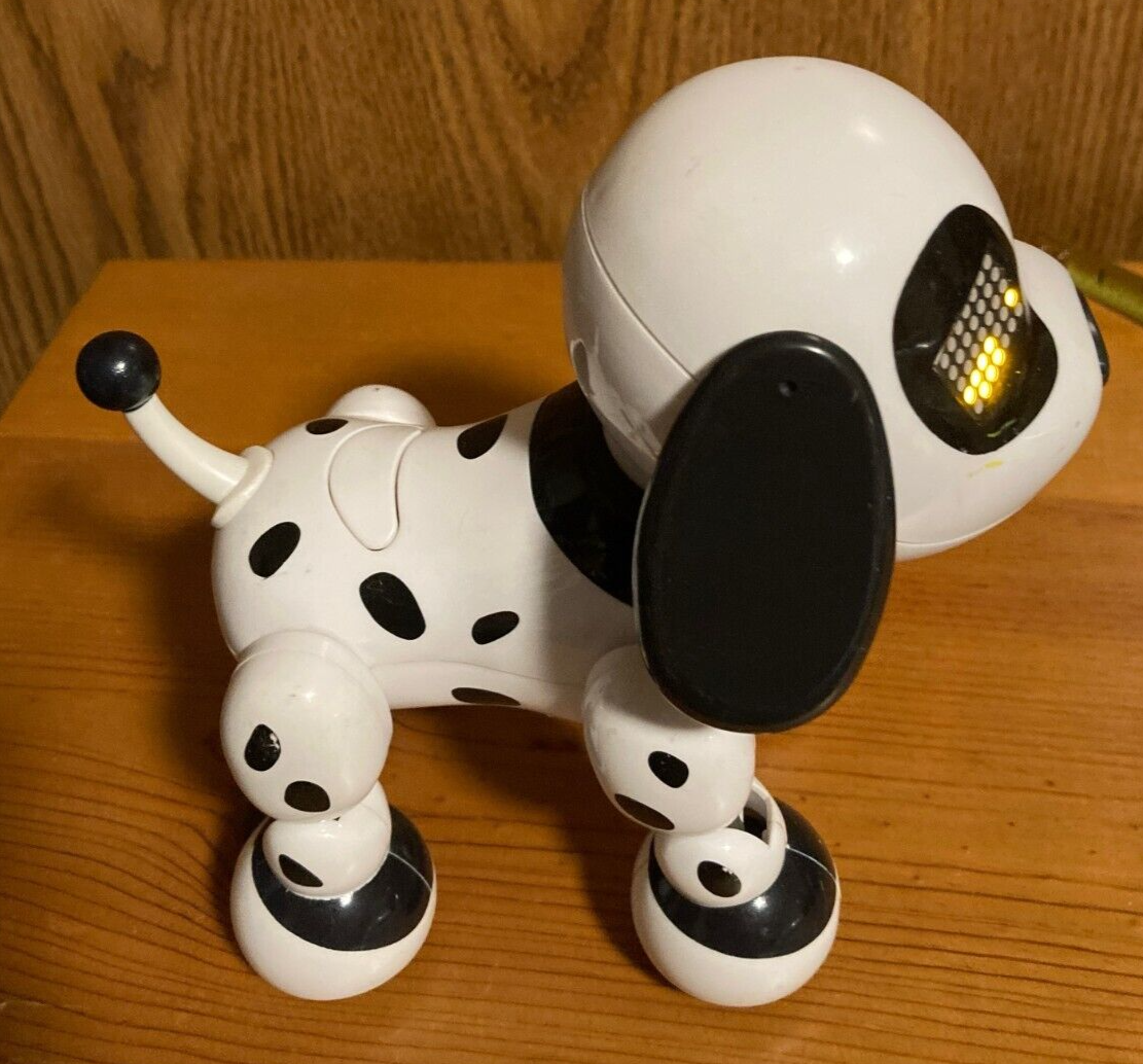 black and white robot dog toy