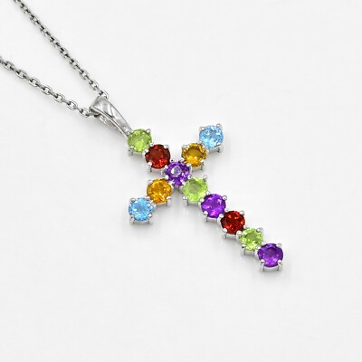 Natural Multi Color Stone Cross Pendant 925 Sterling Silver Christmas ...