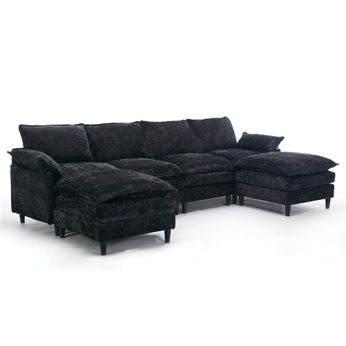 Modern U Shaped Modular Sofa 6-Seater Comfy Cloud Couch w/2 Armrest Pillow,Black - Picture 10 of 18