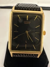 Vintage CITIZEN CQ Tank, 24mm Quartz 6031-K02627CK Gold Tone Black Dial; Running