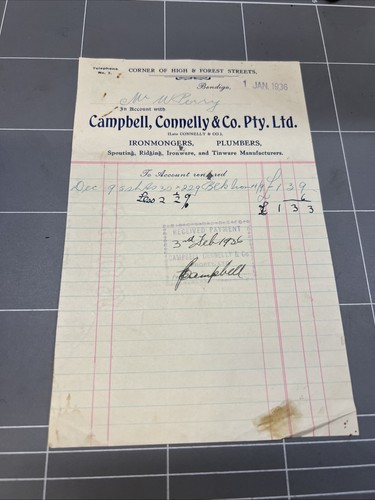 ORIGINAL HANDWRITTEN DOCUMENT CAMPBELL CONNELLY & CO BENDIGO 1936 PLUMBER TIN