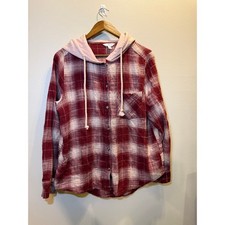 Time and Tru Women s Medium Burgundy Plaid Hooded Flannel Shirt