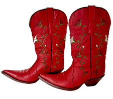 Rudel Rogers Red Leather Floral Embroidery Cowboy Boots Women's Size 7 1/2 US