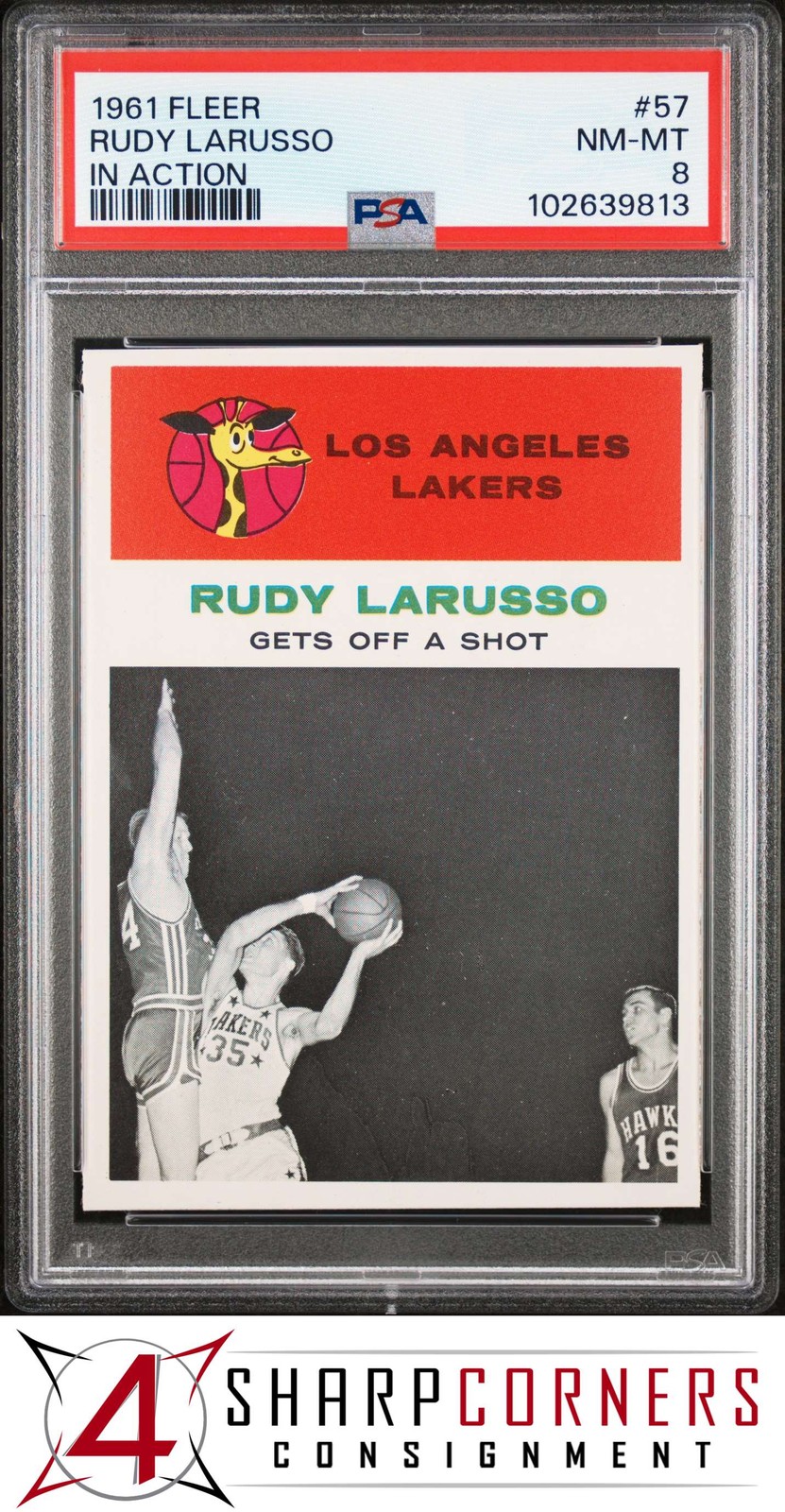 1961 FLEER IN ACTION #57 RUDY LARUSSO LAKERS PSA 8